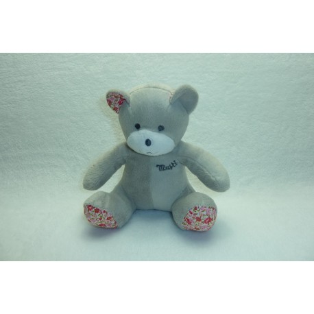 DOUDOU OURS PELUCHE GRIS MOTIF FLEURI MUSTELA