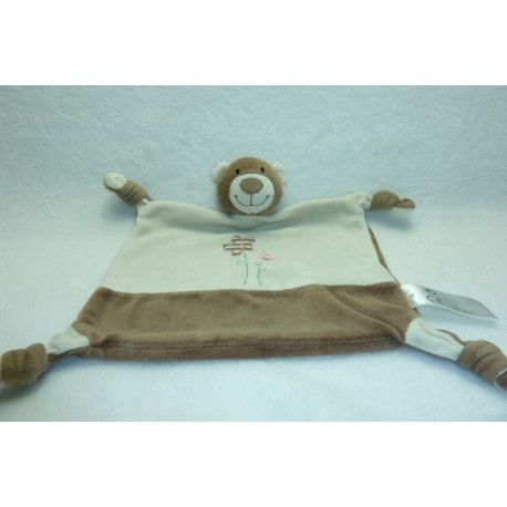 DOUDOU OURS ECRU MARRON FLEURS BRODEES COMME NEUF PLAYKIDS