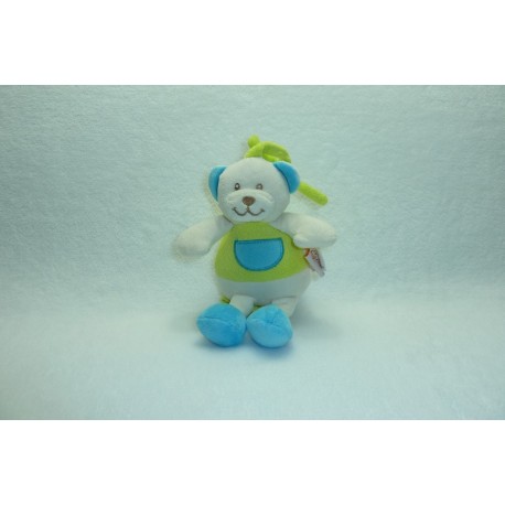 DOUDOU OURS MUSICAL VERT BLANC TURQUOISE BON ETAT LES MATERNELLES